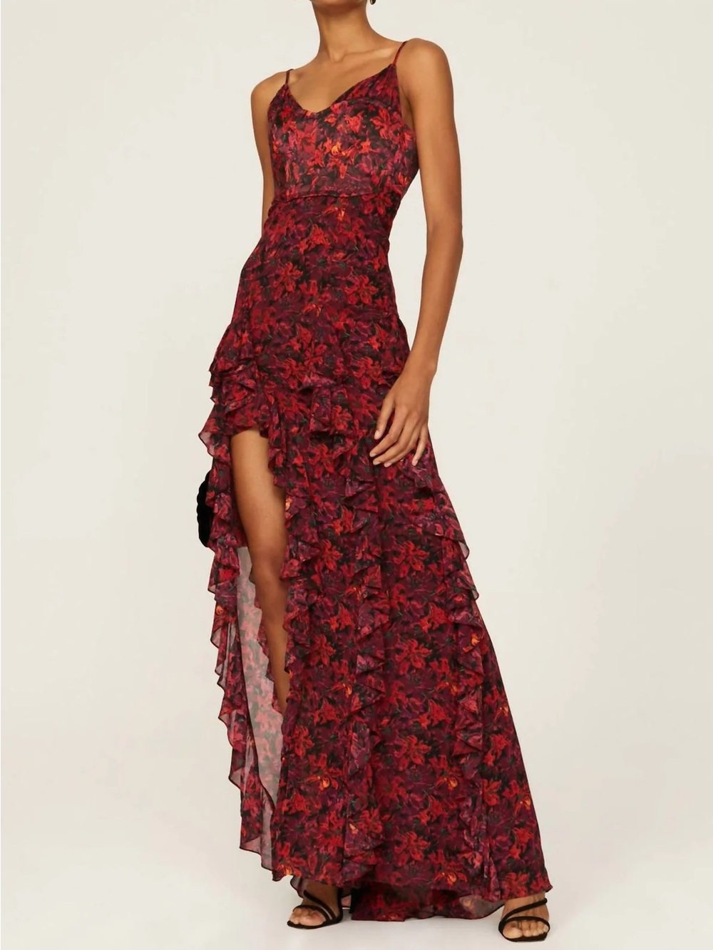 cinq a sept Burgundy Red Floral Ruffle Maxi Dress-Stargazer Lillie’s Glenda Gown